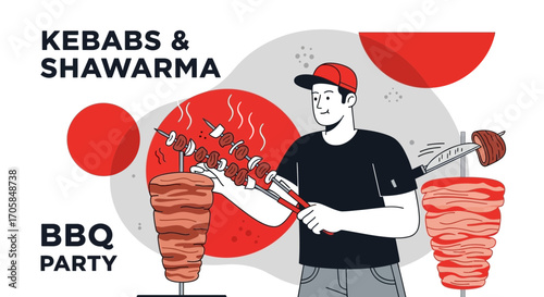 BBQ Party Illustration with Kebab and Shawarma Preparation by a Chef with a Grilling Concept