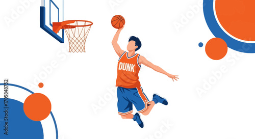 Basketball Player Performing Slam Dunk Against Modern Background of Orange and Blue Circles