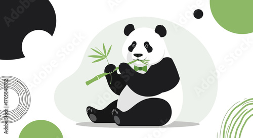 Charming Panda Eating Bamboo with Stylish Elements in a Modern, Flat Illustration