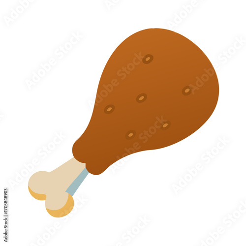 Colored vector icon of a brown chicken drumstick with bone, symbolizing food, meat, and poultry. Isolated on a transparent background