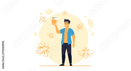 Beekeeper Holding Jar Of Honey With Bees Around, Apiculture and Honey Production Concept