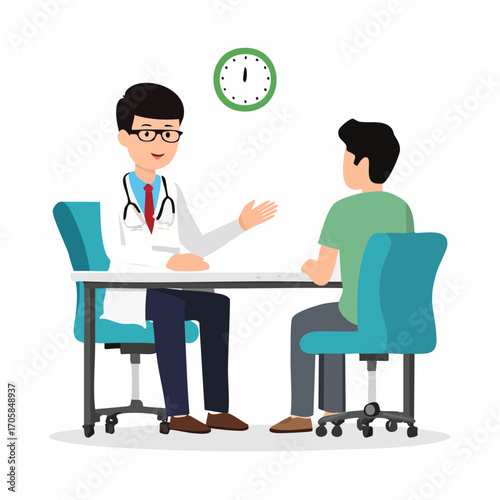 Ein Arzt in weißem Kittel spricht freundlich mit einem Patienten im Sprechzimmer.