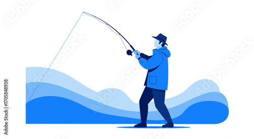 Blue Tone Illustration Of A Fisherman Casting A Line, Capturing The Tranquil Waters