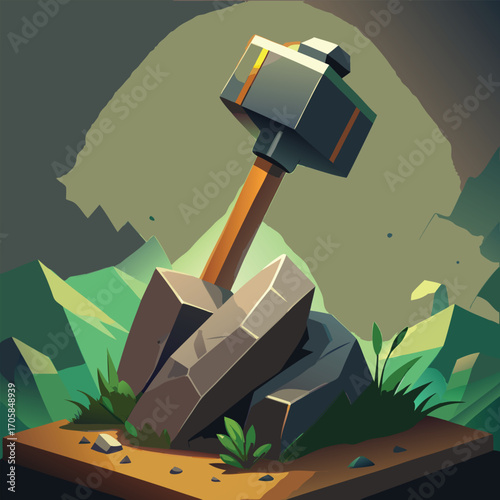 Stylized hammer resting on rocks in a cartoon forest setting