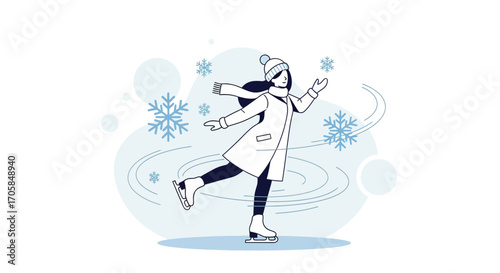 Charming Winter Athlete Enjoying Ice Skating Amidst Falling Snowflakes In A Snowy Scene