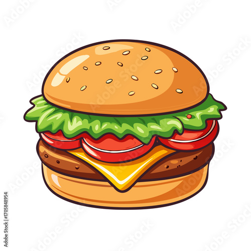 Colored vector icon of a classic cheeseburger with lettuce, tomato, cheese, and soft bun, symbolizing fast food, menu, and packaging design. Isolated on a transparent background
