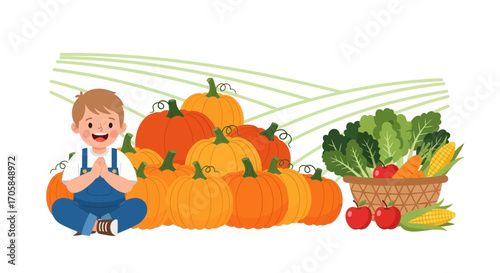 Blessed Harvest Celebration: Joyful Child With Bounty Of Seasonal Harvest Treasures