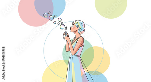 Charming Woman Blowing Bubbles Against a Backdrop of Artistic Colorful Circles