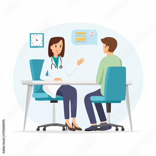 Ein Arzt in weißem Kittel spricht freundlich mit einem Patienten im Sprechzimmer.