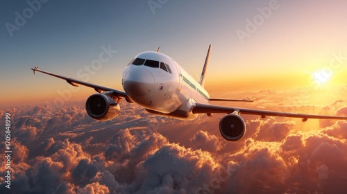 Airplane soars above a sea of fluffy clouds bathed in the golden light of a vibrant sunset