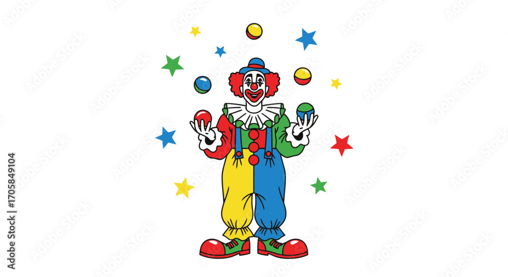 Naklejka premium Cheerful Animated Juggler Performing With Balls and Stars Against a White Backdrop