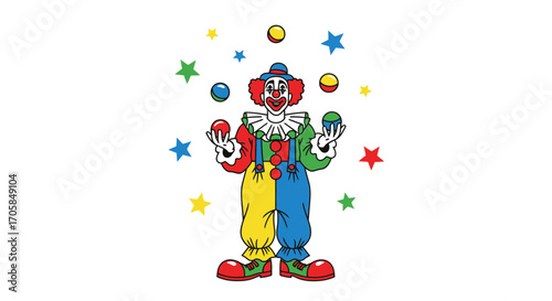 Cheerful Animated Juggler Performing With Balls and Stars Against a White Backdrop