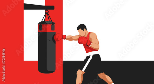 Boxer Training, Dynamic Punch, Concentrated Effort, Sportive Athlete, Vector Style Illustration