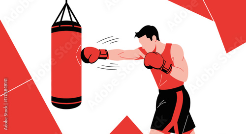 Boxer Training, Punching Bag Practice, Vector Illustration For Health And Fitness