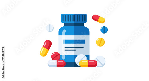 Vector illustration of a blue prescription bottle with various medication pills and capsules.