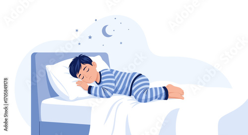 Boy Asleep Peacefully In Bed Under The Night Sky Is Deep In Dreamland