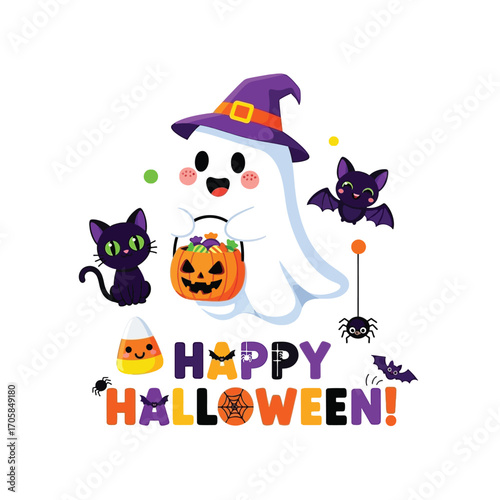 Cute Happy Halloween Spooky Skeleton Pumpkin Trick or Treat Skull and Bat Illustration