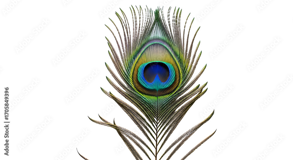 Fototapeta premium A detailed close-up view of a vibrant peacock feather, showcasing its intricate colors and delicate structure against a stark black backdrop.