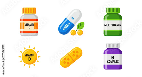 Assorted Vitamin Supplements in Bottles and Capsules.