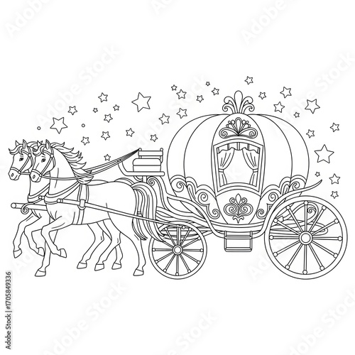 Magical fairytale horse-drawn carriage. Royal transportation and fantasy concept. Ornate Cinderella coach pulled by horses for a princess coloring page.