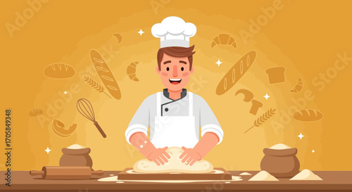 Cheerful Baker Preparing Dough In A Warm Kitchen Environment With Ingredients, Baked Goods