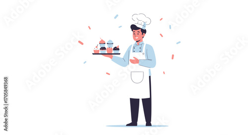 Cheerful Baker Presenting Cupcakes with Delightful Array of Pastel Decorations