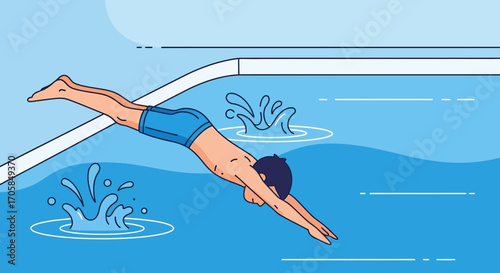 Boy Diving Into Pool With Splash  Summer Leisure Time And Water Activity
