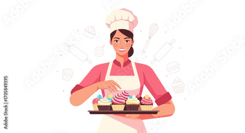 Cheerful Baker Presents Delicious Cupcakes on a Tray in a Sweet Culinary Scene
