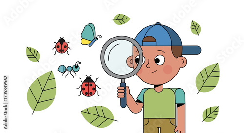 Boy Exploring Nature With Magnifying Glass Discovering Insects And Foliage