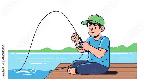 Boy Fishing Patiently With Angling Rod, Cartoon Illustration on Lakeside Dock