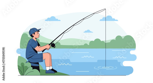 Boy Fishing Alone on the Lake: Peaceful Moments and Outdoor Leisure Activity