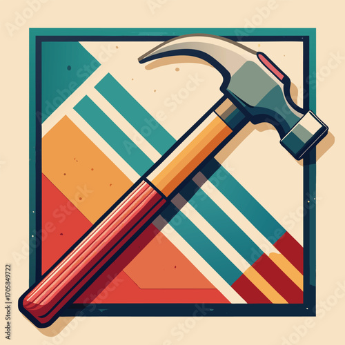 Retro style hammer tool on a colorful striped background