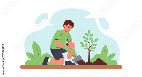 Boy Planting Tree In The Park Representing Environment and Nature Conservation Efforts