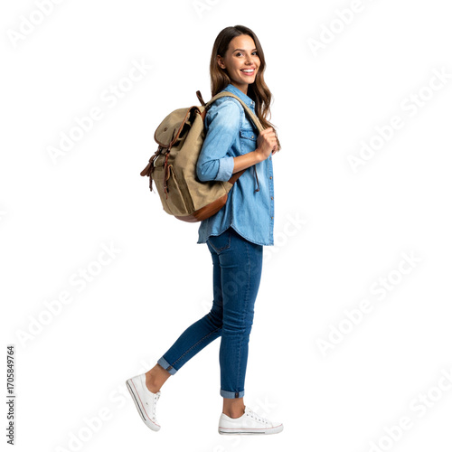Beautiful brown-haired young woman in jeans standing smiling with a bag on a white background
