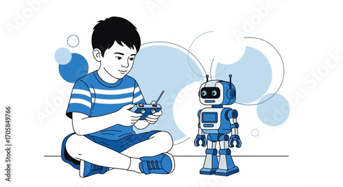 Boy Playing With a Robotic Toy: A Modern Concept Of Leisure and Technology