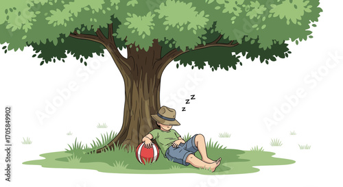 Boy Resting Under A Tree In Shady Area Enjoying Moment Of Relaxation And Peace