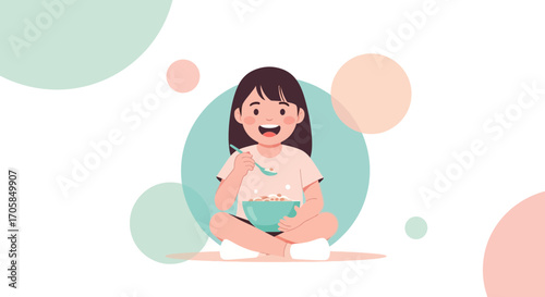 Cheerful Breakfast Time: A Delightful Illustration of Child Enjoying Cereal and Happiness