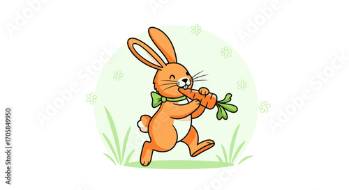 Cheerful Bunny Consuming A Carrot Amidst Springtime Blossoms and Greenery