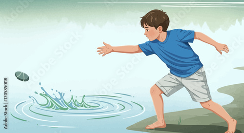 Boy Throwing Stone, Generating Water Ripples, Embracing Outdoors Activity and Leisure Time