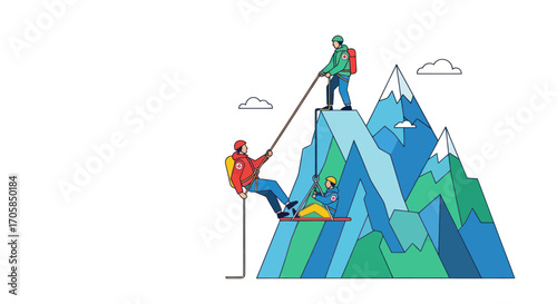 Team of climbers in colorful gear working together ascending a stylized geometric mountain peak.