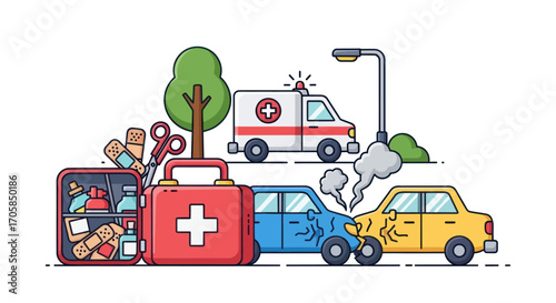 Car Accident Scene with Ambulance and First Aid Kit.