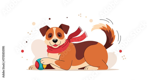 Cheerful Canine Enjoying Playtime with Colorful Ball, Wearing a Festive Red Scarf
