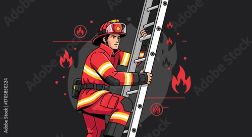 Brave Firefighter Ascending Ladder in Vivid Illustration to Combat Flames and Danger