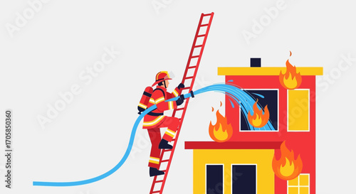 Brave Firefighter Ascends Ladder to Extinguish Burning Building Blaze and Save Lives
