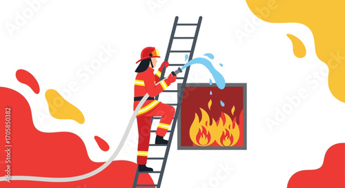 Brave Firefighter Ascending Ladder To Extinguish Flames In Burning Building Illustration