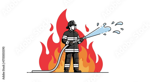 Brave Firefighter Battling Flames With Powerful Water Stream For Safety And Rescue