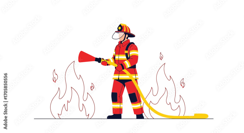 Naklejka premium Brave Firefighter Extinguishing A Blaze Using Water Hose, Saving The Day With Courage