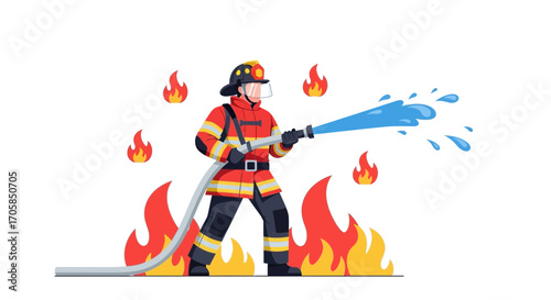 Brave Firefighter Extinguishing Flames, Illustration Depicting Fire Safety, Heroic Rescue Scenario
