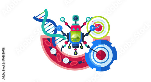 Colorful Nanobot Interacting with DNA and Blood Cells in Medical Science Illustration.