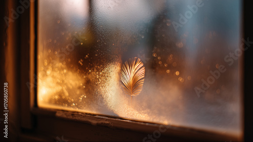 Fogged-up window with intricate pattern reflecting autumn light  